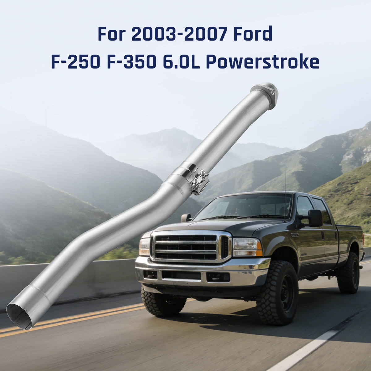3.5-inch stainless-steel CAT & muffler delete pipe with a bolted flange and band clamp, set before a black 2003-2007 Ford F-250 F-350 6.0L Powerstroke Super Duty pickup.
