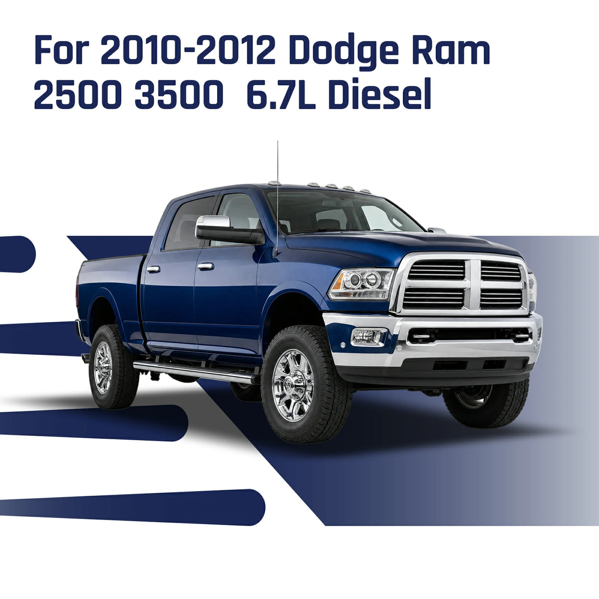 Blue Dodge Ram 2500 crew cab diesel pickup with chrome grille, the 2010-2012 6.7L Cummins platform this SPELAB 4-inch and 5-inch turbo-back exhaust fits