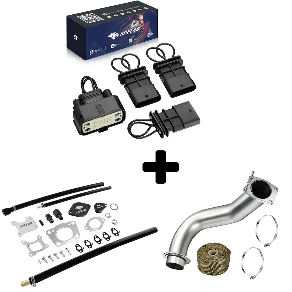 EGR delete kit with billet plates, a black wiring connector set and a stainless downpipe with wrap, for the 2017-2025 Chevy GMC 6.6L Duramax L5P.