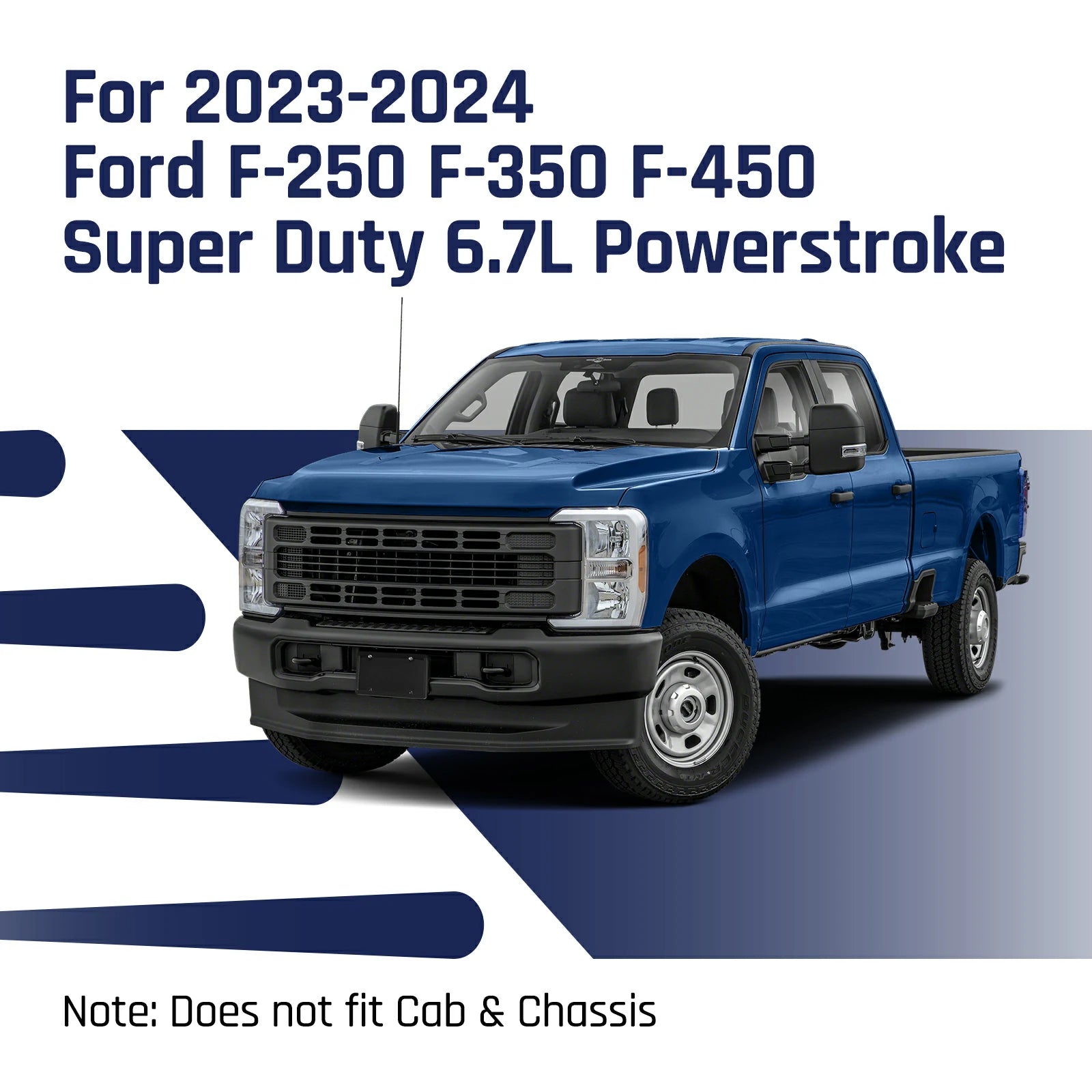 Blue 2023-2024 Ford F-250 Super Duty crew-cab pickup truck, the 6.7L Powerstroke diesel chassis this turbo-back DPF delete exhaust system fits.