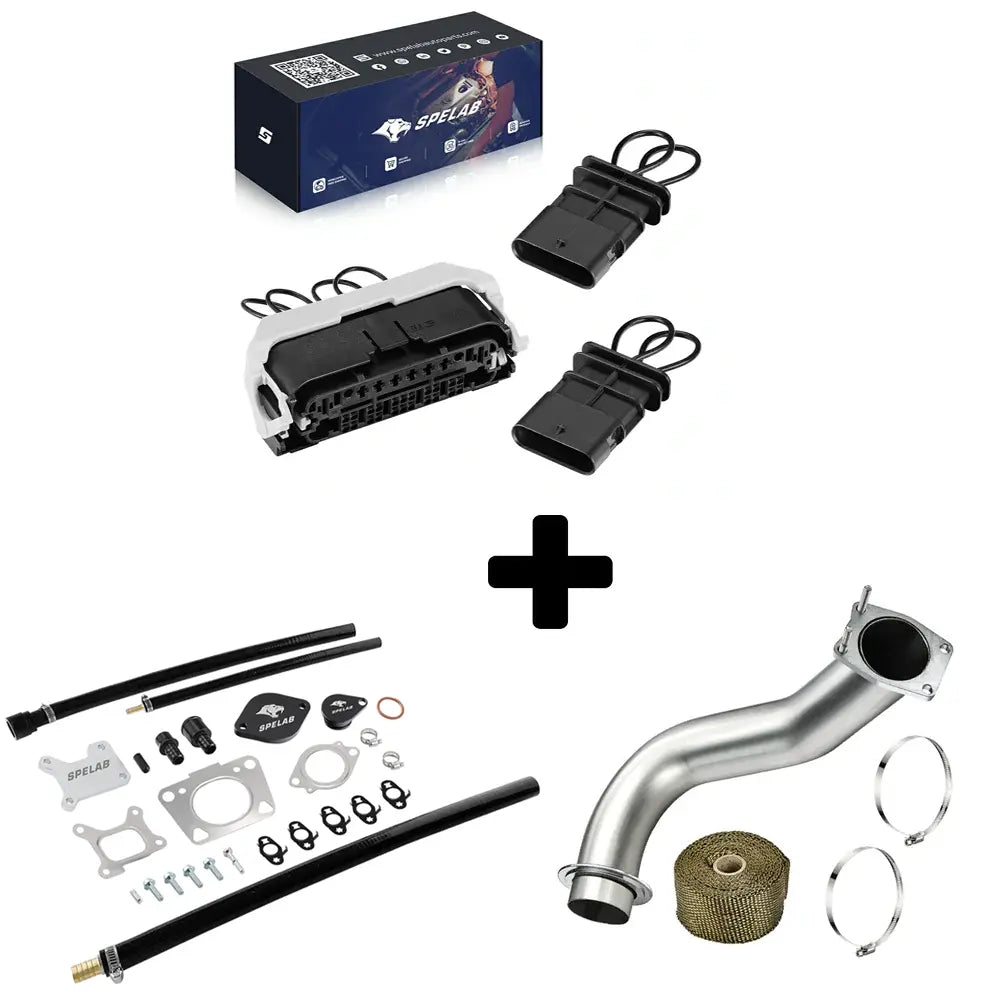 EGR valve cooler delete kit with a white ECU connector, two black plugs and a stainless downpipe with band clamps for the 2017-2025 6.6L Duramax L5P.