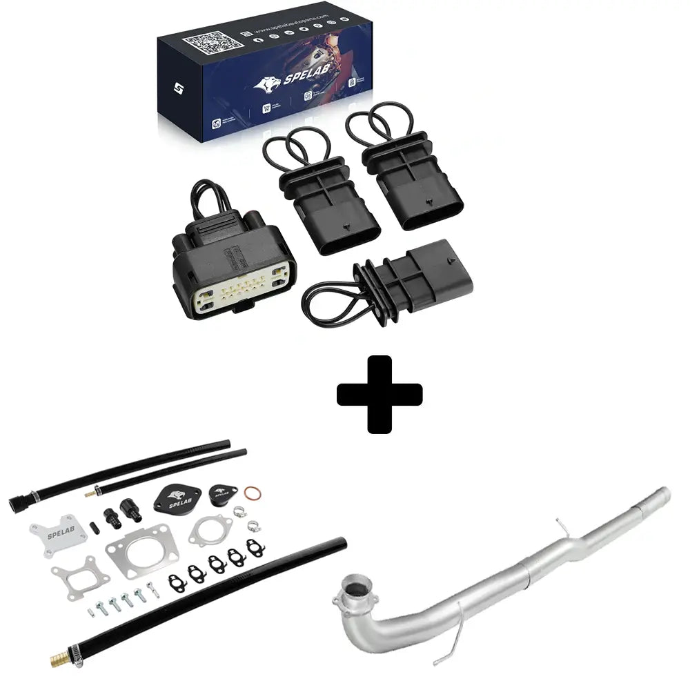 EGR delete kit with billet plates, black wiring connectors and a long aluminum resonator delete pipe for the 2017-2025 6.6L Duramax L5P.