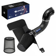 Cold air intake kit for the 2003-2007 Dodge Ram 2500/3500 5.9L diesel, a black powder-coated mandrel-bent tube, black conical high-flow filter, heat shield plate, and a mesh pre-filter