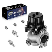 Black SPELAB 18 PSI 40mm piston-style external turbo wastegate with a cast steel body and V-band outlet, packaged with stainless barbed fittings and three set screws