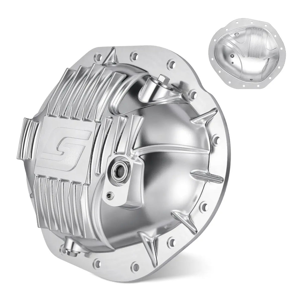 Polished bare-silver cast rear differential cover for the AAM 9.25-inch Dodge Ram 14-bolt axle, machined cooling fins, magnetic fill and drain plugs, and a sight glass