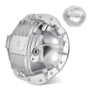 Polished bare-silver cast rear differential cover for the AAM 9.25-inch Dodge Ram 14-bolt axle, machined cooling fins, magnetic fill and drain plugs, and a sight glass