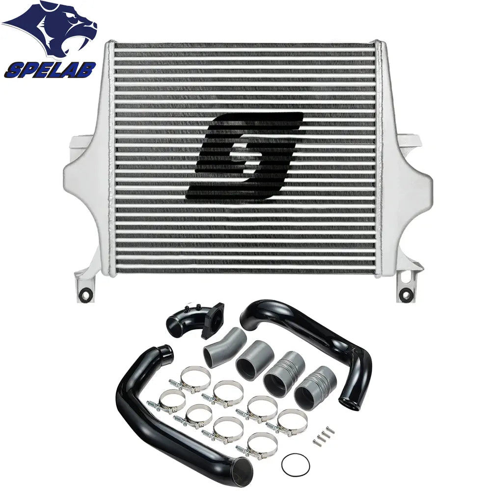 SPELAB tube-fin intercooler for a Ford 6.0L Powerstroke paired with a black charge-air pipe and silicone coupler kit with clamps