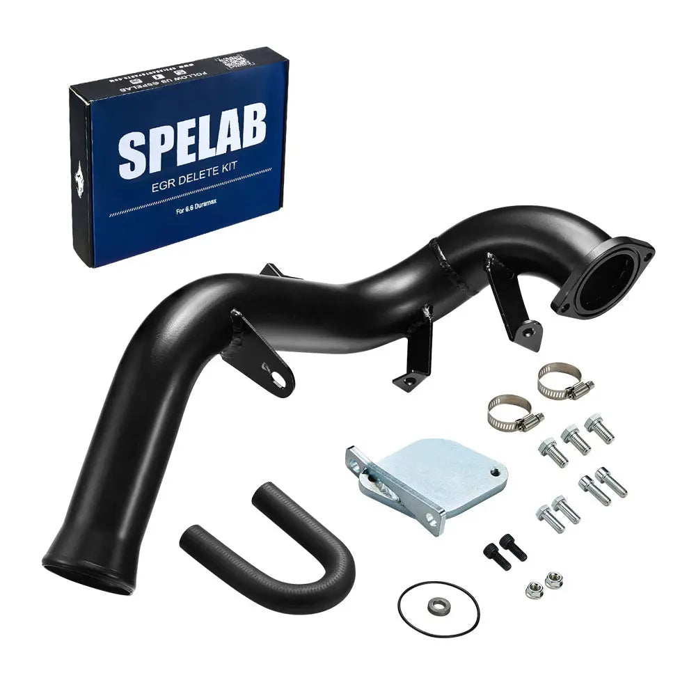 Black high-flow intake elbow with welded mounting tabs and a 4-bolt flange, plus a U-shaped rubber hose, silver block-off plate, two clamps, bolts and O-ring for the 2007.5-2010 6.6L Duramax LMM EGR delete kit