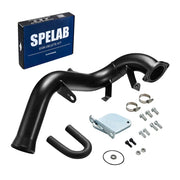 Black high-flow intake elbow with welded mounting tabs and a 4-bolt flange, plus a U-shaped rubber hose, silver block-off plate, two clamps, bolts and O-ring for the 2007.5-2010 6.6L Duramax LMM EGR delete kit
