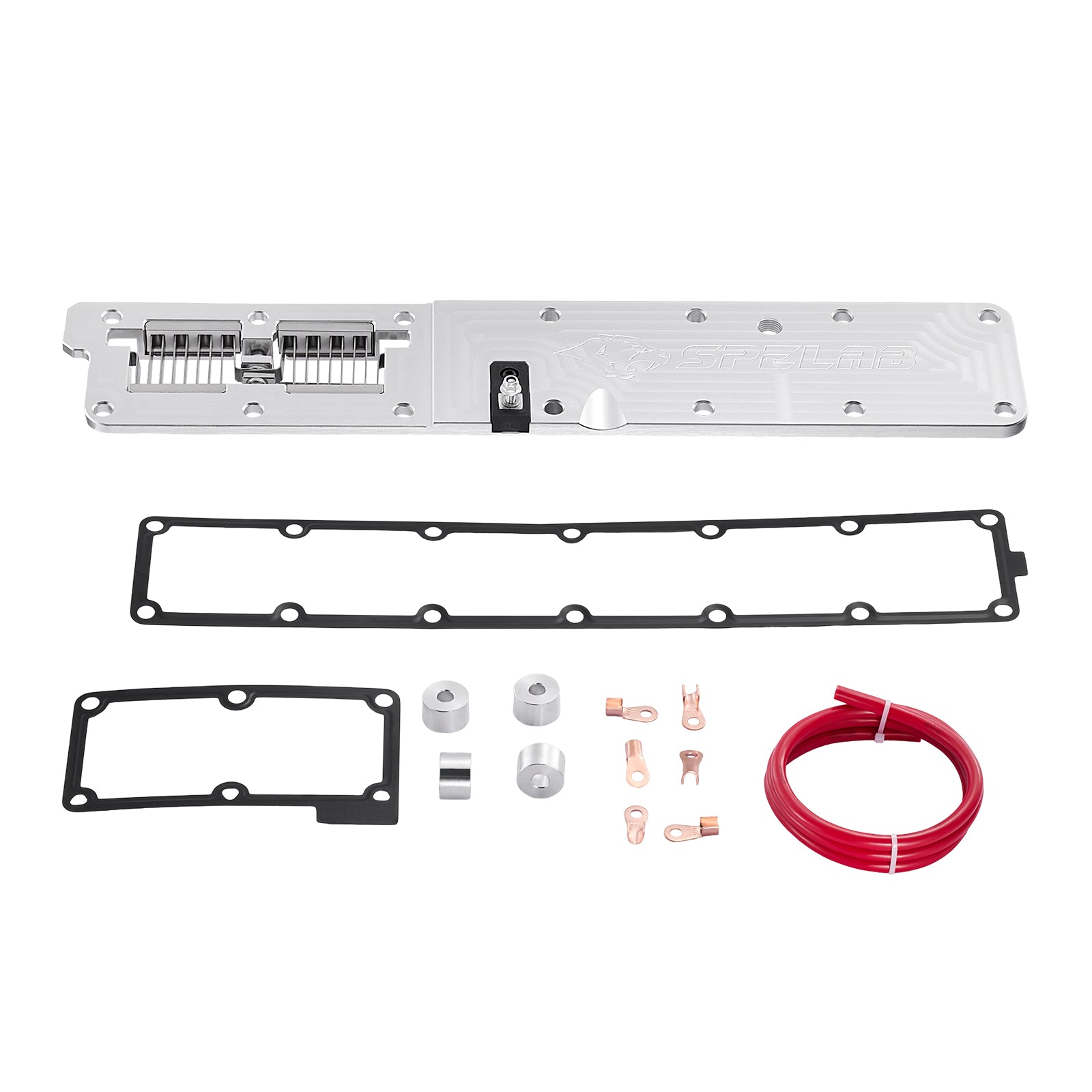 Grid heater delete plate for the 2007-2024 Dodge Ram 2500/3500 6.7L Cummins, engraved with the ram head logo, arranged with intake gaskets, aluminum spacers, copper ring terminals, and a coiled red power cable.