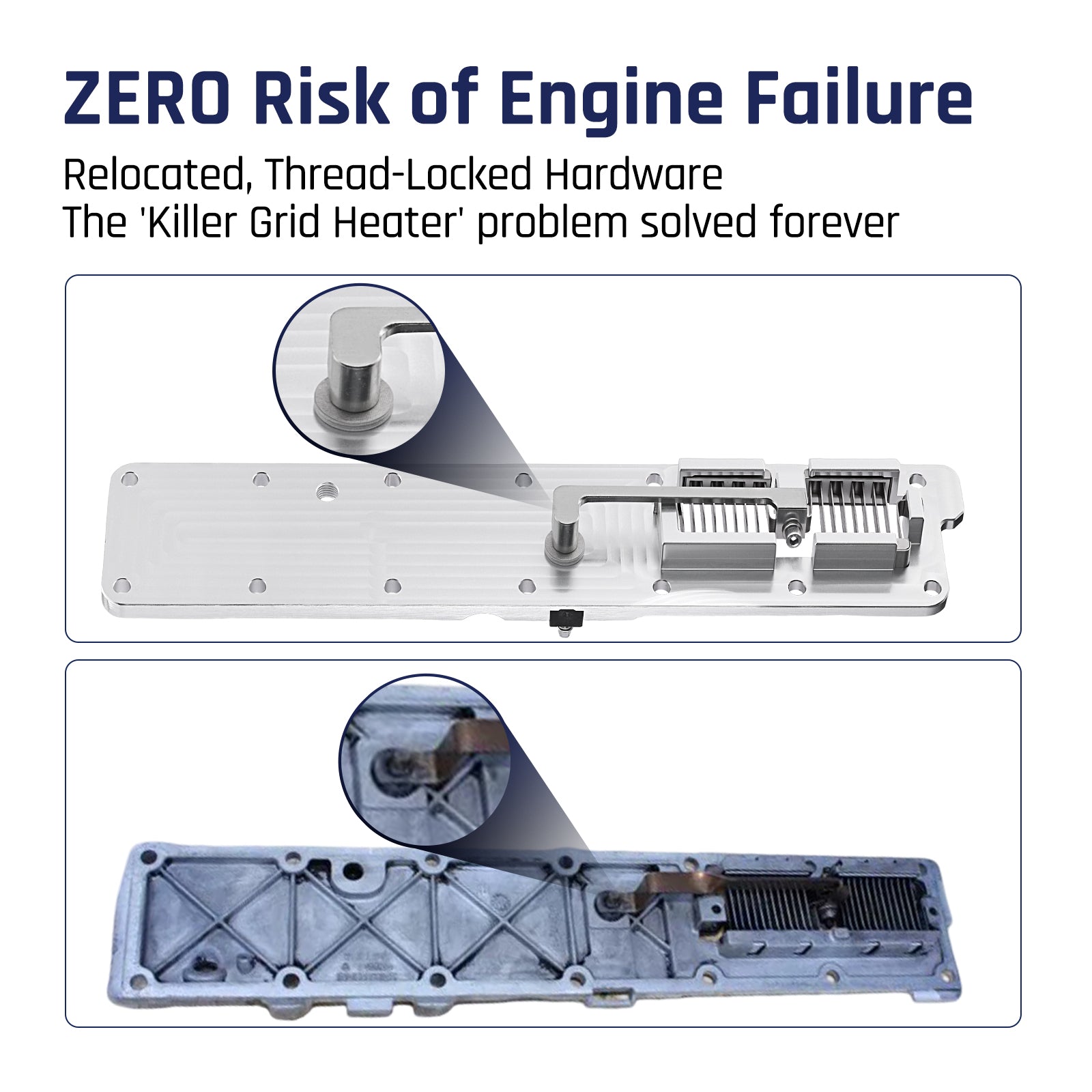 Grid heater plate for the 2007-2024 Dodge Ram 6.7L Cummins with a horizontally mounted top terminal post, paired with the factory OEM cast plate whose vertical terminal bolt sits over the intake drop zone.