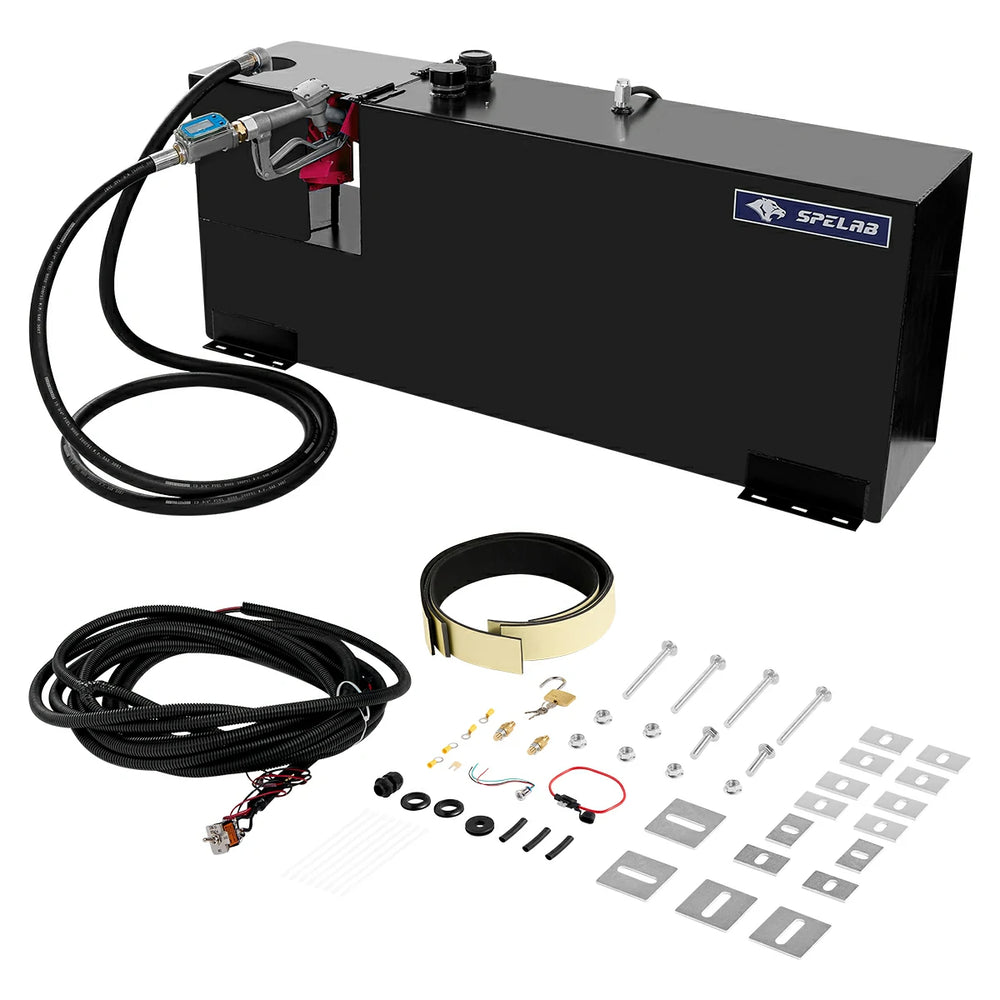 SPELAB 50-gallon fuel transfer tank kit with galvanized-steel body, metered refueling nozzle, discharge hose, mounting strap, brackets, bolts, and lock hasp keys laid out.