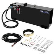 SPELAB 50-gallon fuel transfer tank kit with galvanized-steel body, metered refueling nozzle, discharge hose, mounting strap, brackets, bolts, and lock hasp keys laid out.