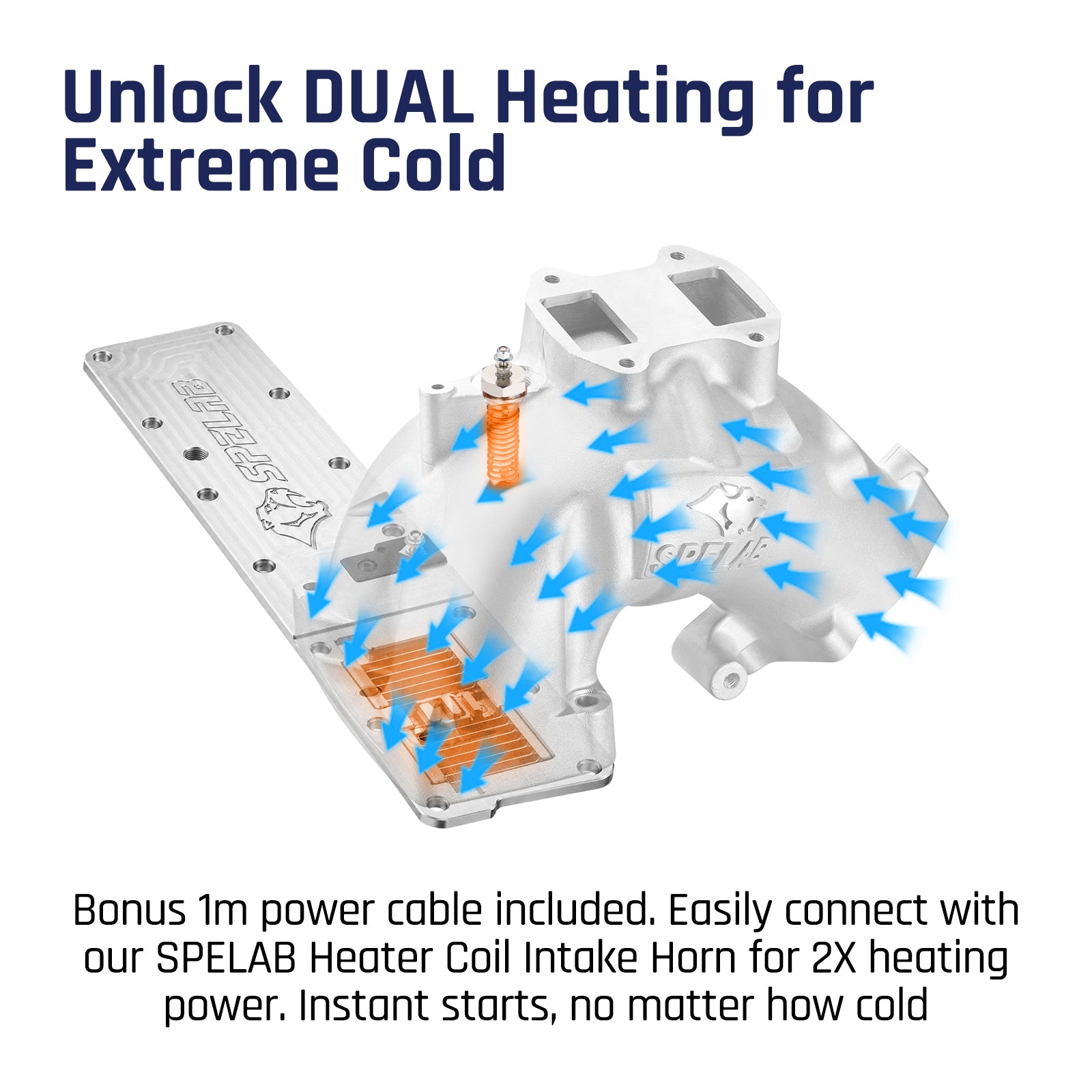 SPELAB grid heater plate for the 2007-2024 Dodge Ram 2500/3500/4500/5500 6.7L Cummins paired with a heated intake manifold housing a glowing coil element for dual cold-weather heating.