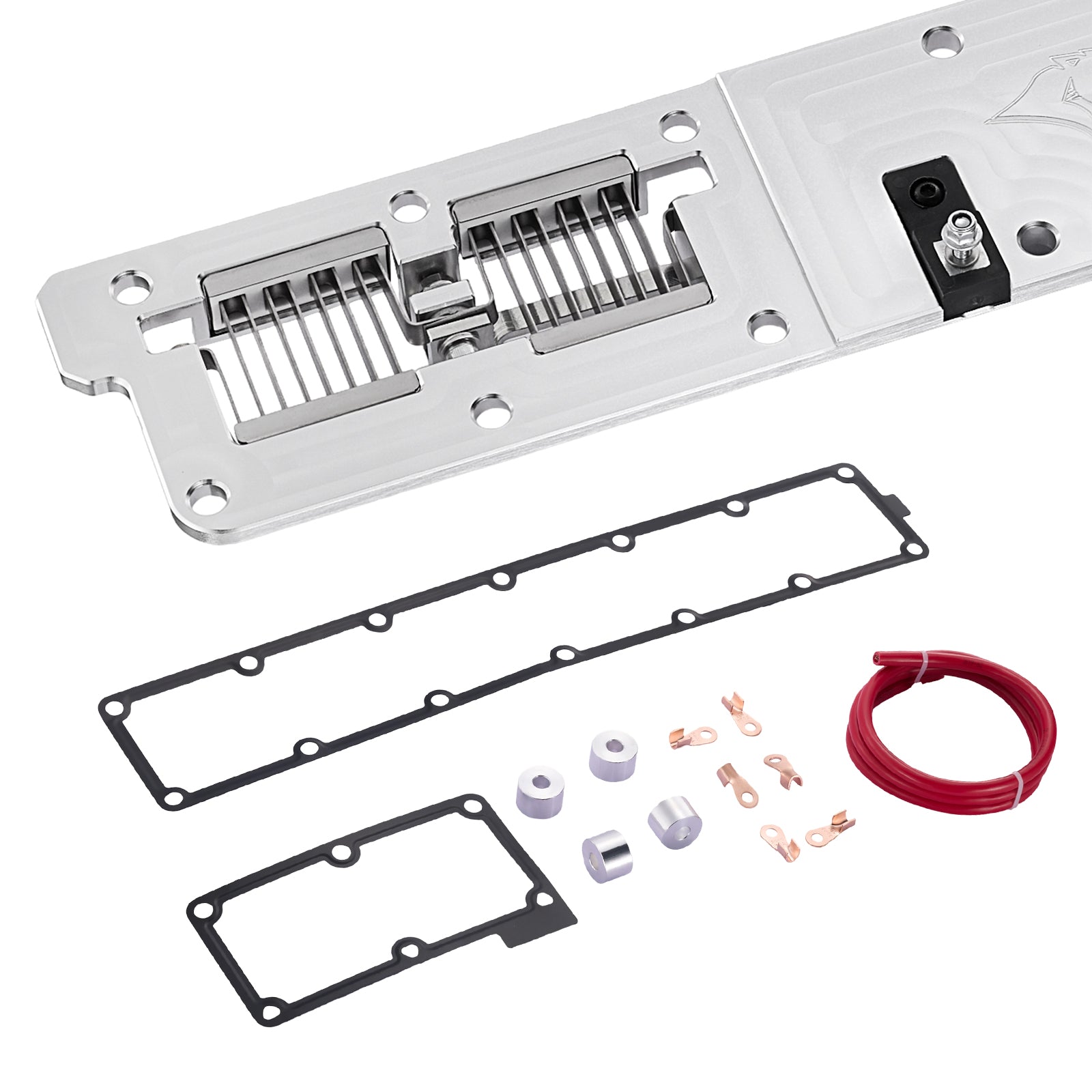 Stainless grid heater delete plate for the 2007-2024 Dodge Ram 2500/3500 6.7L Cummins, with twin coil elements and a top-mounted terminal block, laid out with intake gaskets, aluminum spacers, and red power cable.