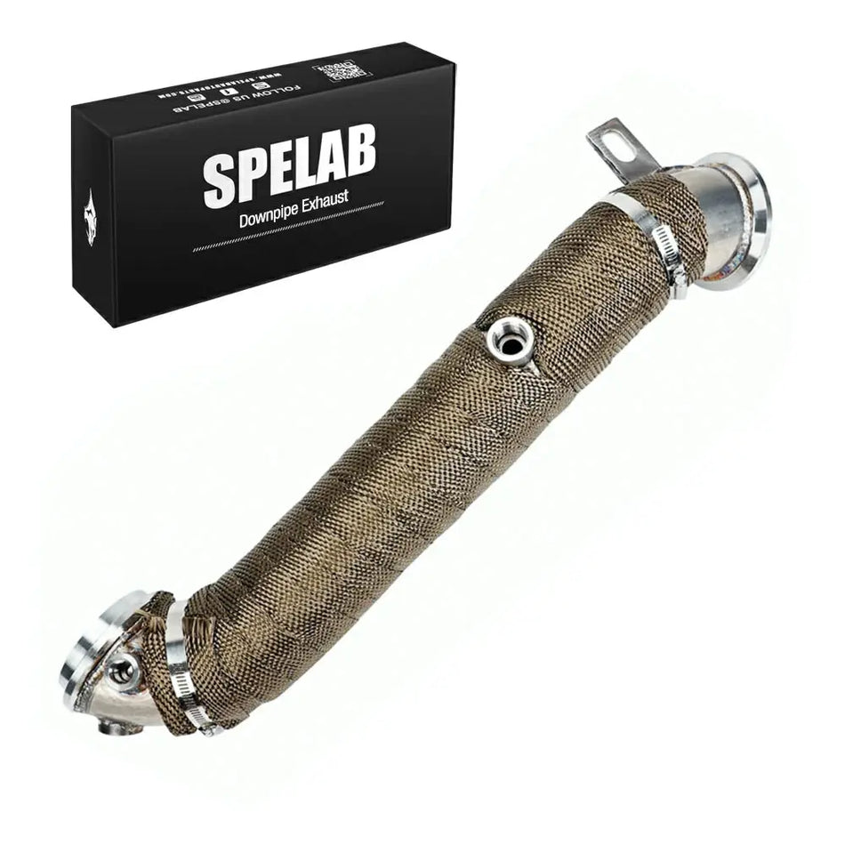 Opposite-angle view of the wrapped stainless 3 inch downpipe for 2011-2016 Chevrolet Silverado GMC Sierra 6.6L Duramax LML, with the O2 sensor bung centered on the body and SPELAB packaging at top.