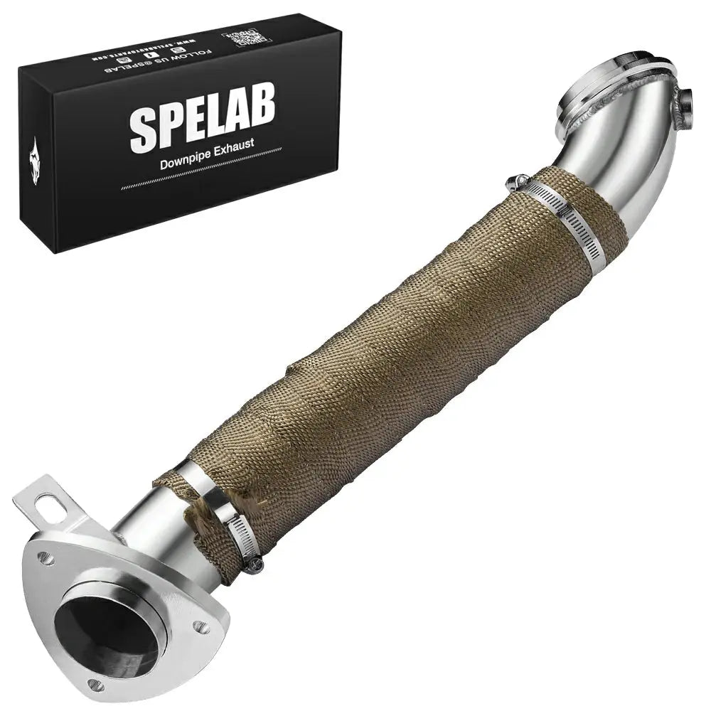 Mirror-polish stainless 3 inch downpipe for 2011-2016 Chevrolet Silverado GMC Sierra 6.6L Duramax LML, showing the 4-bolt turbo flange, heat-wrapped body, and V-band clamp beside the SPELAB box.