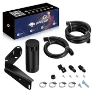 SPELAB baffled oil catch can kit for 2019-2024 Dodge RAM 1500 5.7L, with black canister, L-shaped mounting bracket, two DN12 300 psi oil hoses, two barbed AN fittings, four hose clamps, grommet, U-nut and screws