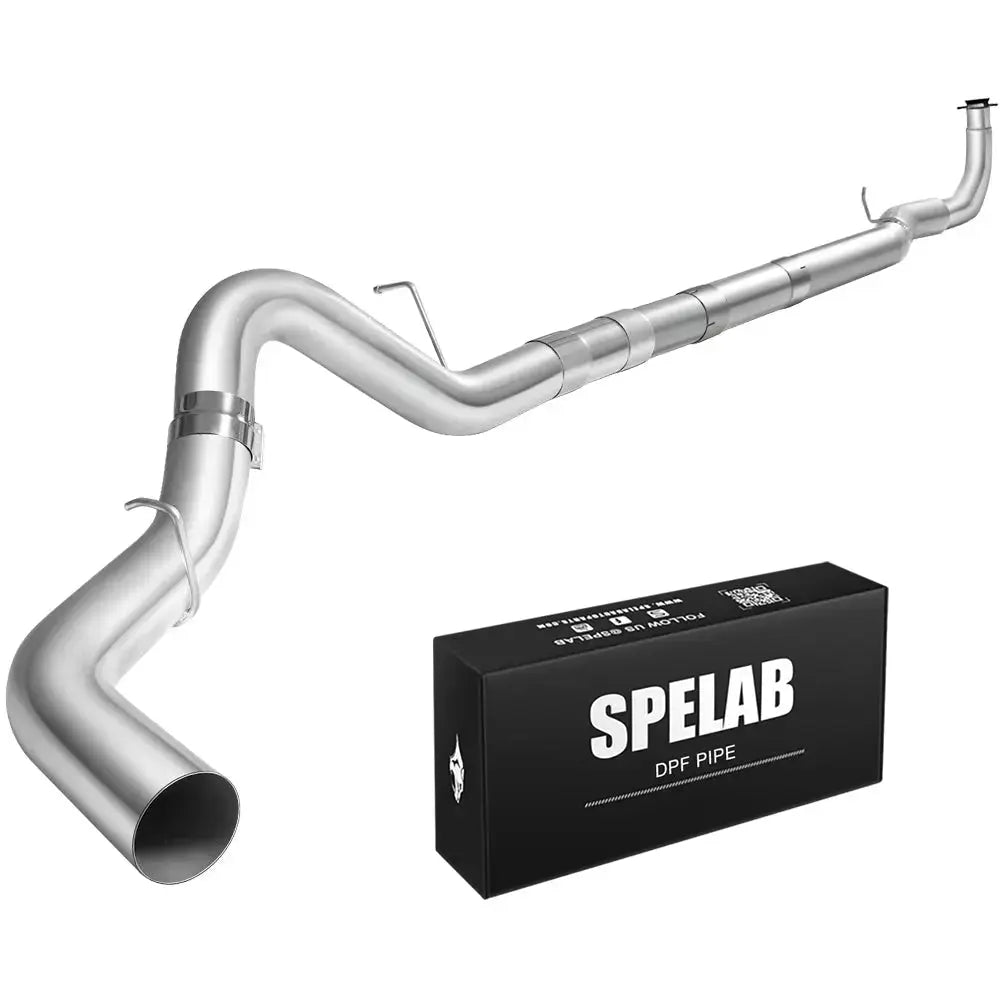 Mandrel-bent 4-inch stainless downpipe-back pipe for 2017-2025 L5P 6.6L Duramax with band clamps at the over-axle bend, welded wire hangers, and a straight-cut outlet beside a SPELAB DPF pipe box.
