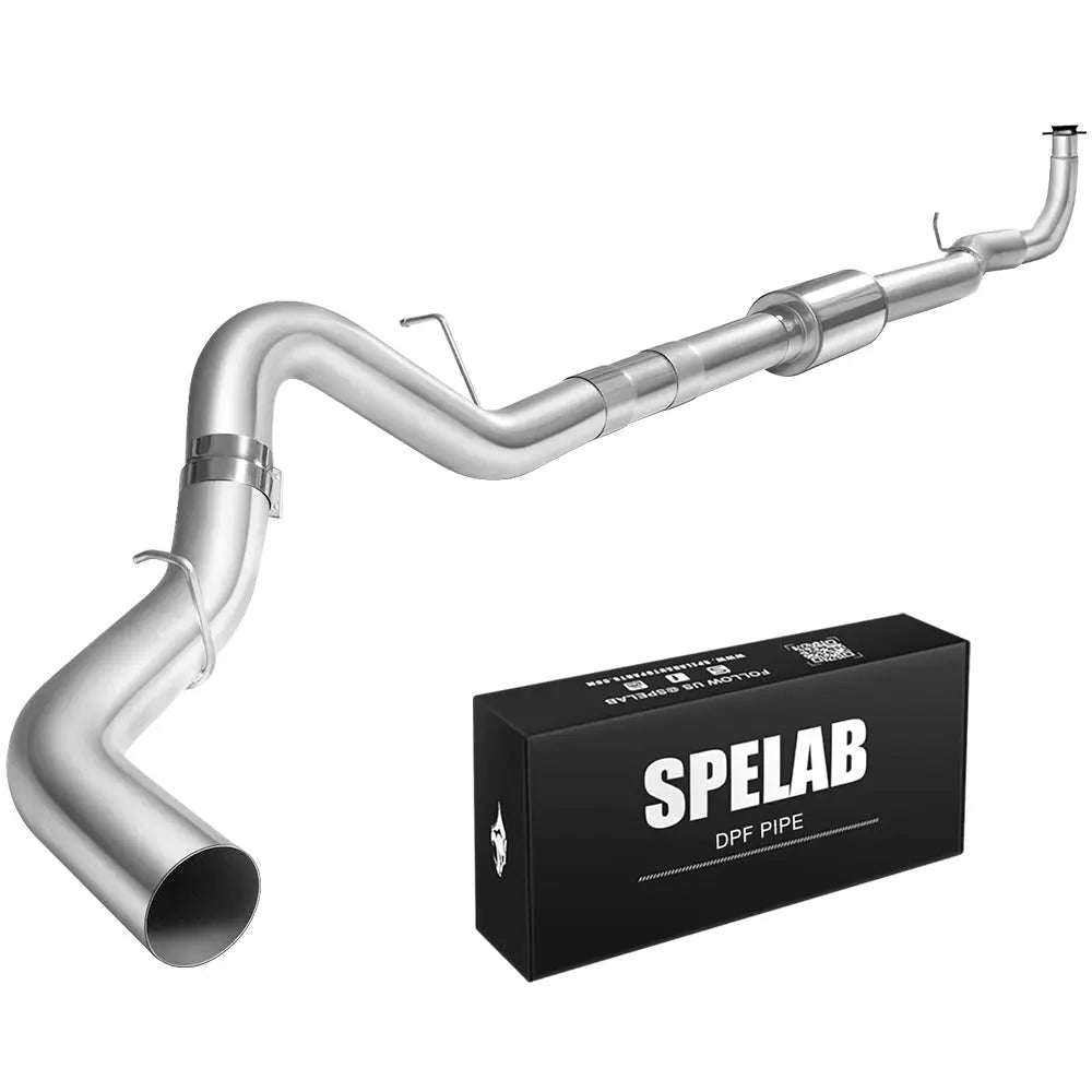 Mandrel-bent stainless downpipe-back pipe with a cylindrical inline muffler for 2017-2025 L5P 6.6L Duramax, band clamps on the over-axle bend, wire hangers, and a straight-cut outlet by a SPELAB DPF pipe box.