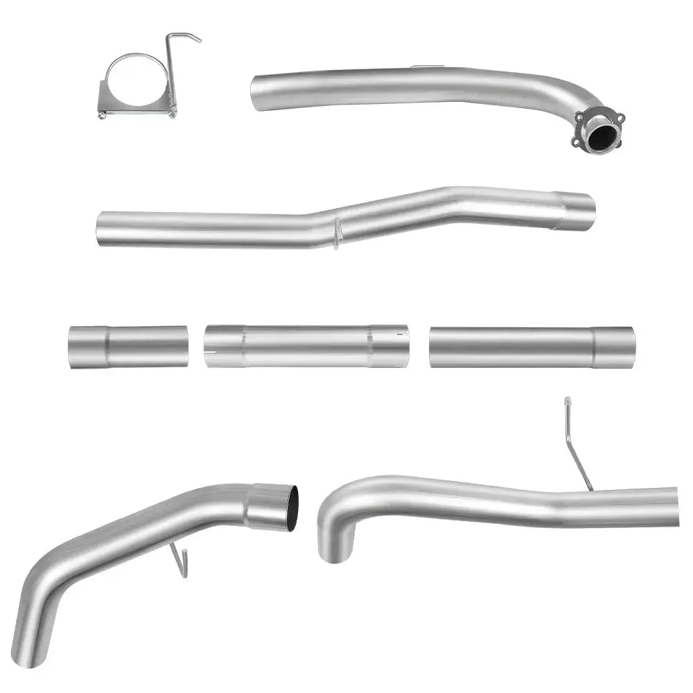 Five mandrel-bent stainless exhaust sections for a 2017-2025 L5P 6.6L Duramax DPF delete race pipe, including a bolted-flange downpipe elbow, wavy mid pipe, straight extension tubes, and a hanger bracket clamp.