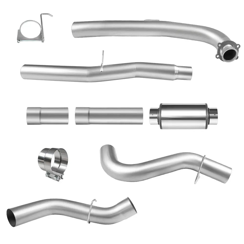 Disassembled stainless DPF delete exhaust sections for a 2017-2025 L5P 6.6L Duramax, including a flanged downpipe bend, wavy mid pipe, straight sleeves, a polished inline muffler, and band clamps.