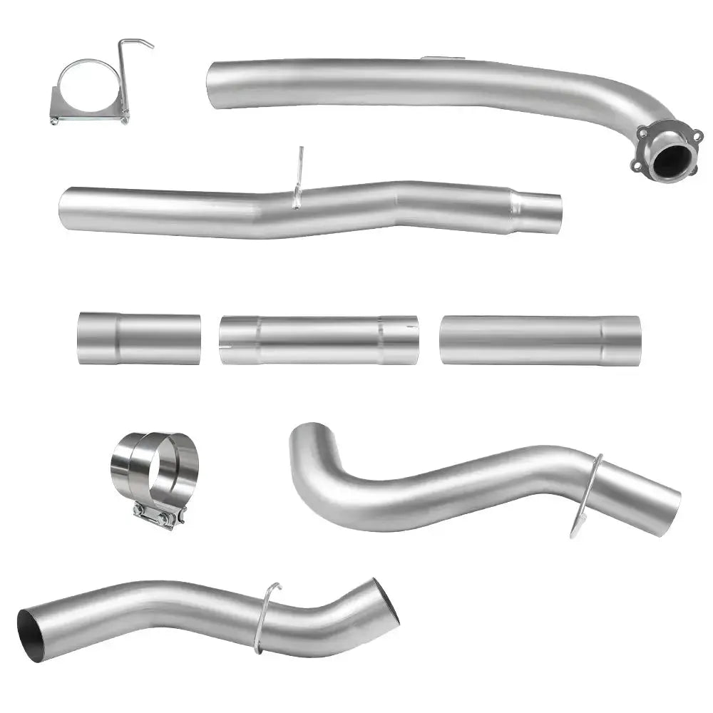 Disassembled stainless DPF delete exhaust sections for a 2017-2025 L5P 6.6L Duramax, with a flanged downpipe bend, wavy mid pipe, three straight sleeves, a hanger bracket clamp, and a large band clamp.
