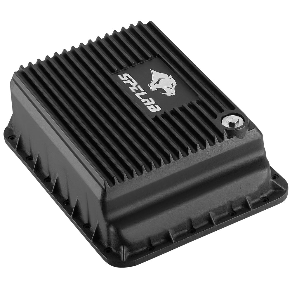 Black cast aluminum AS69RC transmission pan for 2013-2024 Dodge Ram 2500 3500 6.7L Cummins, finned body with SPELAB badge and magnetic drain plug
