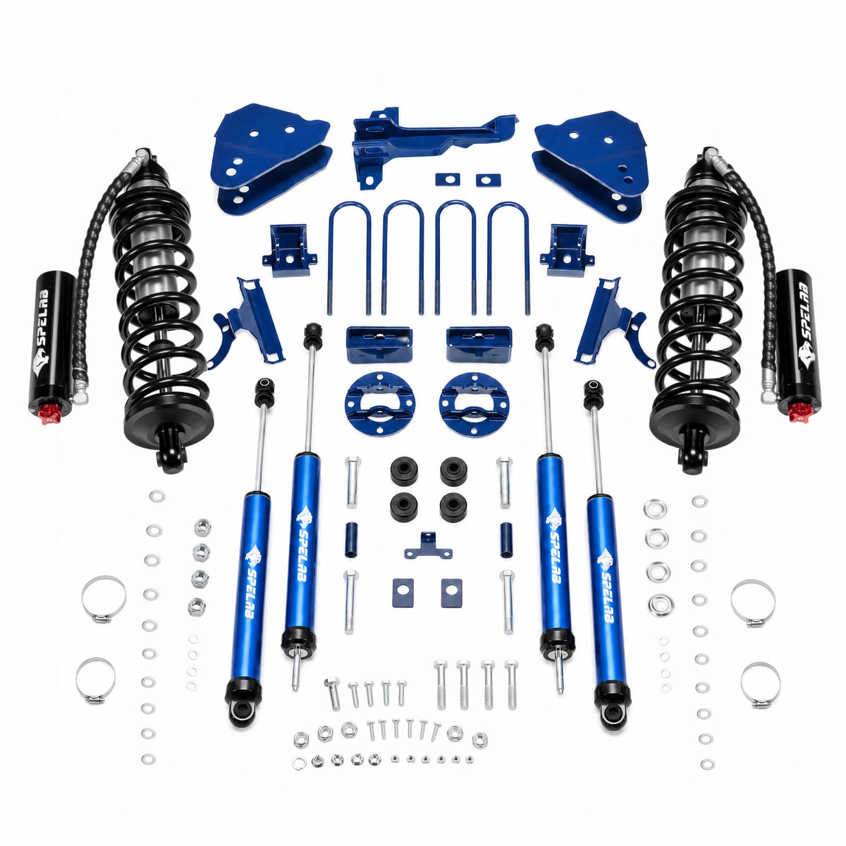 Black coilover struts and remote-reservoir bypass shocks paired with blue round axle spacers and monotube gas shocks in a 3-inch lift kit for 2011-2016 Ford F-250 Super Duty 4WD diesel.