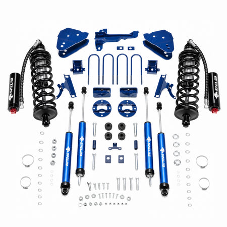Black coilover struts and remote-reservoir bypass shocks paired with blue round axle spacers and monotube gas shocks in a 3-inch lift kit for 2011-2016 Ford F-250 Super Duty 4WD diesel.