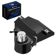 Black welded aluminum coolant reservoir for 2003-2007 Ford 6.0L Powerstroke with a silver billet cap, beside its SPELAB retail box