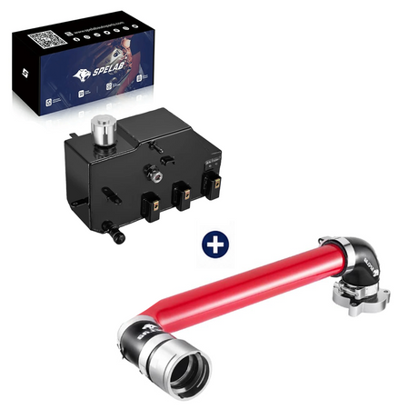 Red powder-coated aluminum crossover tube kit with silicone couplers and clamps, paired with the gloss black SPELAB coolant reservoir for 2011-2019 Ford 6.7L Powerstroke Super Duty trucks