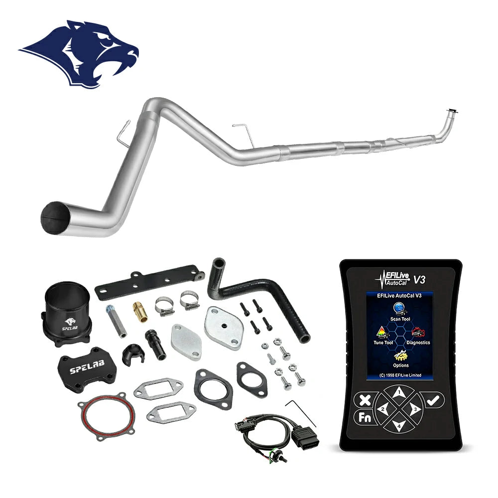 Mandrel-bent DPF delete downpipe with spring hangers, billet aluminum coupler and rubber elbow hose, O2 sensor extension harness, EFI Live AutoCal V3 for 2013-2018 Dodge Ram 2500 3500 6.7L diesel