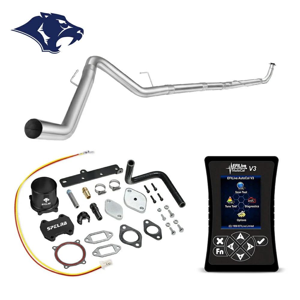 Mandrel-bent DPF delete downpipe with spring hangers, billet aluminum coupler and rubber elbow hose, red and yellow pigtail wire, EFI Live AutoCal V3 for 2013-2018 Dodge Ram 2500 3500 6.7L diesel