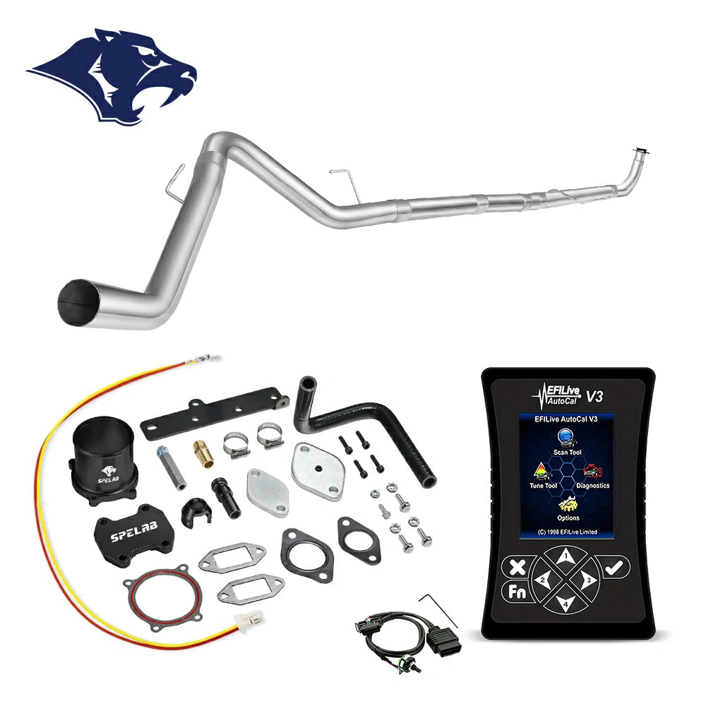 Mandrel-bent DPF delete downpipe with spring hangers, billet aluminum coupler and rubber elbow hose, O2 harness and red-yellow pigtail wire, EFI Live AutoCal V3 for 2013-2018 Dodge Ram 2500 3500 6.7L diesel