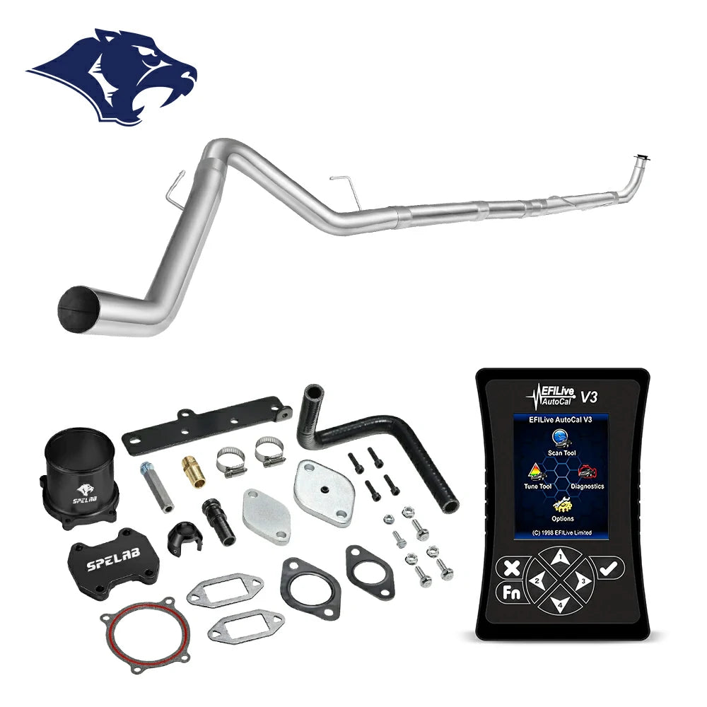 Mandrel-bent DPF delete downpipe with spring hangers, billet aluminum coupler and rubber elbow hose, EFI Live AutoCal V3 for 2013-2018 Dodge Ram 2500 3500 6.7L diesel