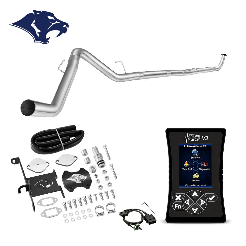 Mandrel-bent DPF delete downpipe with spring hangers, billet EGR cap, ram-logo bracket and coiled hose, O2 sensor extension harness, EFI Live AutoCal V3 for 2013-2018 Dodge Ram 2500 3500 6.7L diesel