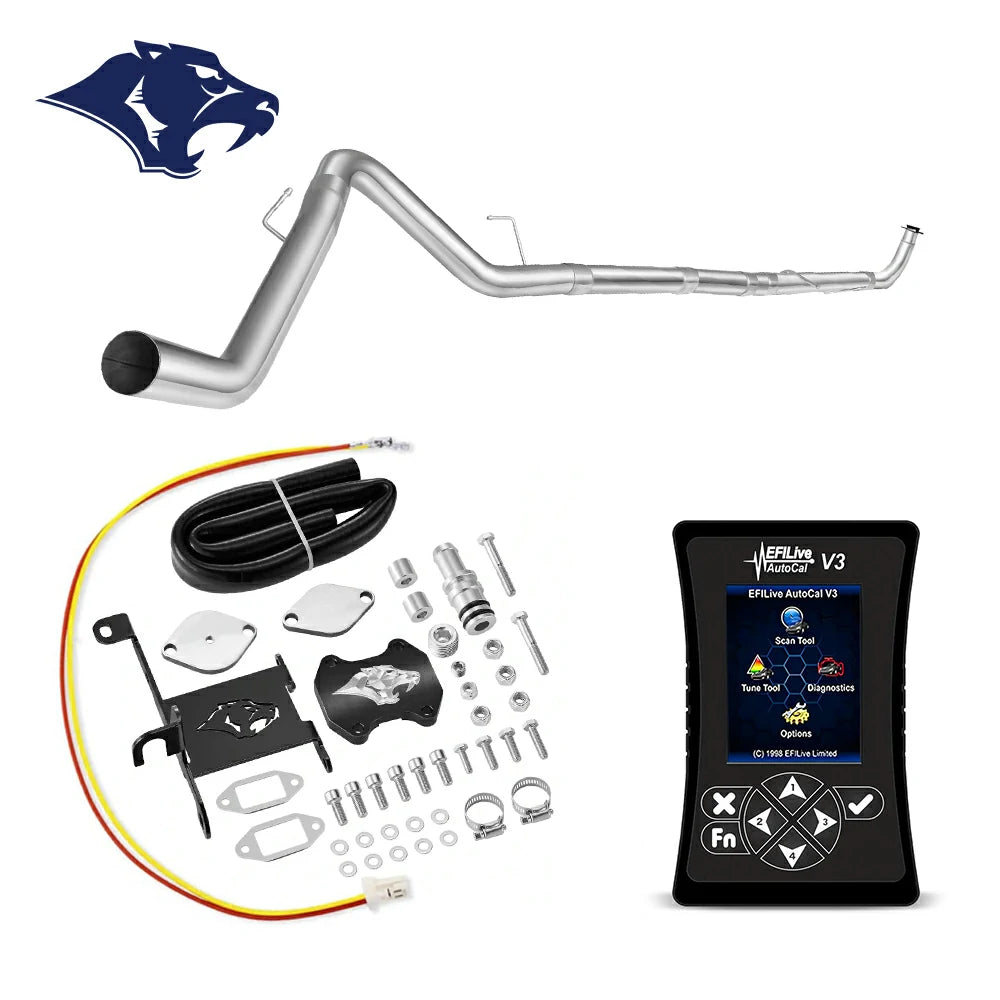 Mandrel-bent DPF delete downpipe with spring hangers, billet EGR cap, ram-logo bracket and coiled hose, red and yellow pigtail wire, EFI Live AutoCal V3 for 2013-2018 Dodge Ram 2500 3500 6.7L diesel