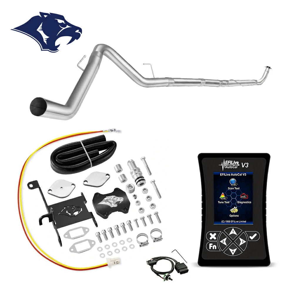 Mandrel-bent DPF delete downpipe with spring hangers, billet EGR cap, bracket and coiled hose, O2 harness and red-yellow pigtail wire, EFI Live AutoCal V3 for 2013-2018 Dodge Ram 2500 3500 6.7L diesel