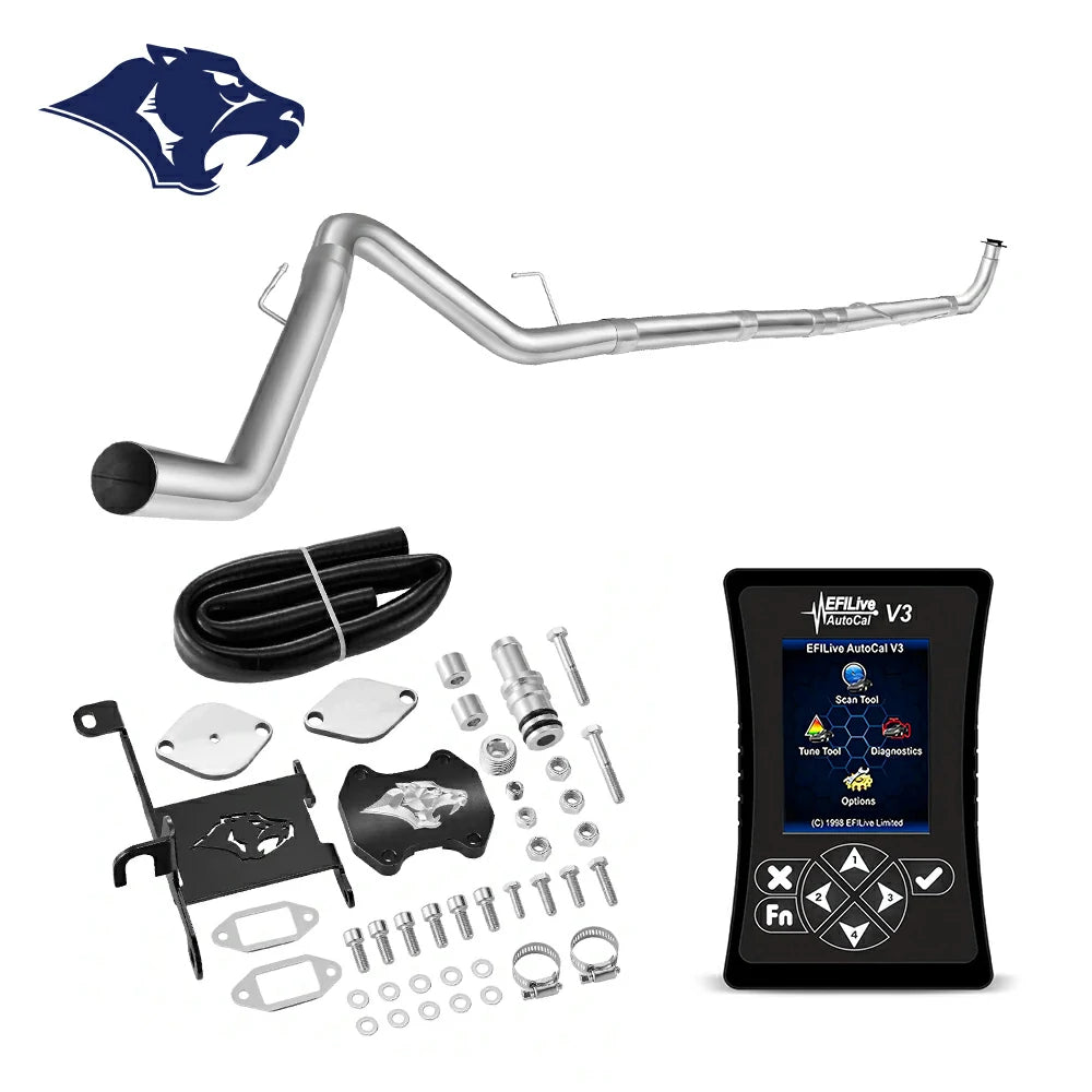 Mandrel-bent DPF delete downpipe with spring hangers, billet EGR cap, ram-logo bracket and coiled hose, EFI Live AutoCal V3 for 2013-2018 Dodge Ram 2500 3500 6.7L diesel