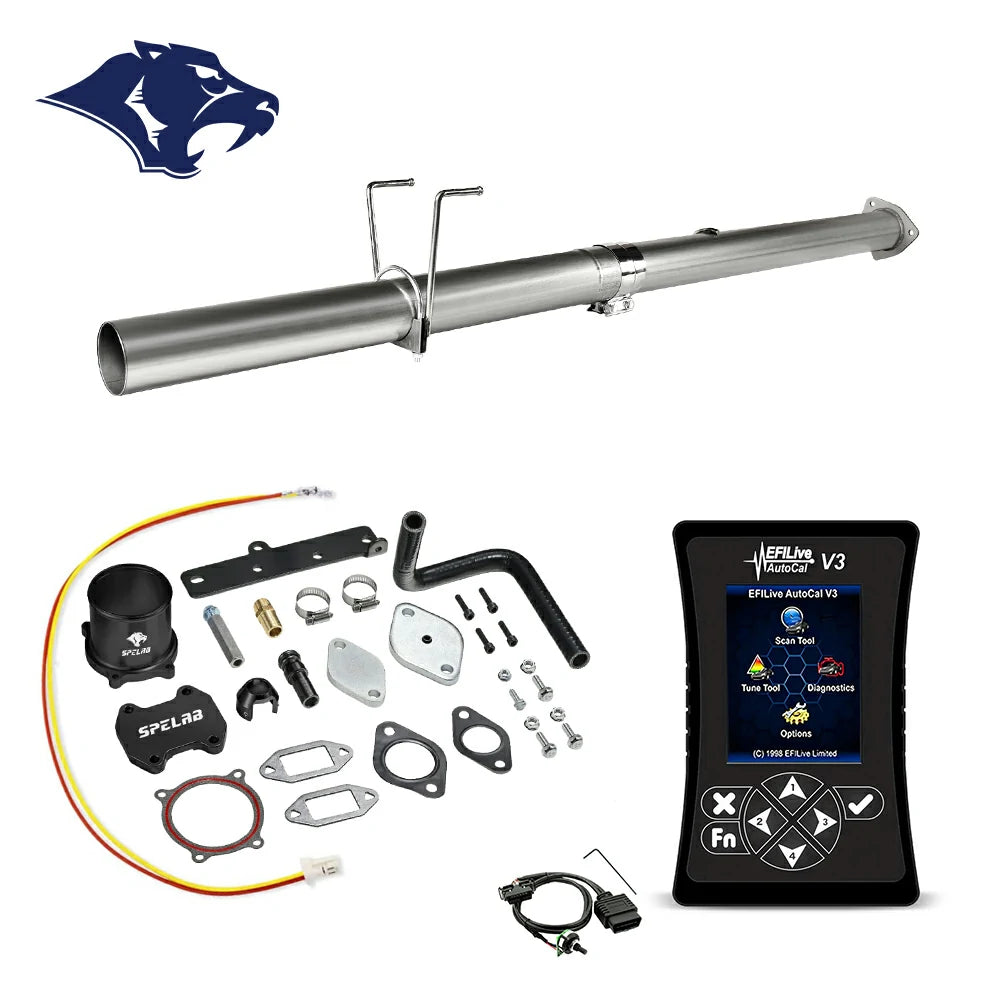 Straight DPF delete pipe with dual O2 bungs and band clamp, billet aluminum coupler and rubber elbow hose, O2 harness and red-yellow pigtail wire, EFI Live AutoCal V3 for 2013-2018 Dodge Ram 2500 3500 6.7L diesel