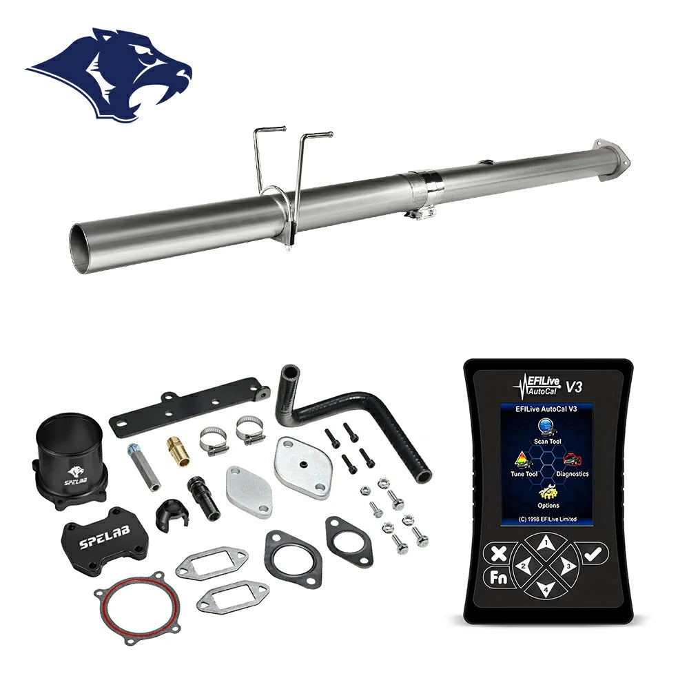 Straight DPF delete pipe with dual O2 bungs and band clamp, billet aluminum coupler and rubber elbow hose, EFI Live AutoCal V3 for 2013-2018 Dodge Ram 2500 3500 6.7L diesel
