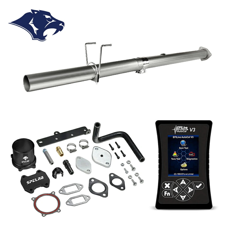 Straight DPF delete pipe with dual O2 bungs and band clamp, billet aluminum coupler and rubber elbow hose, EFI Live AutoCal V3 for 2013-2018 Dodge Ram 2500 3500 6.7L diesel