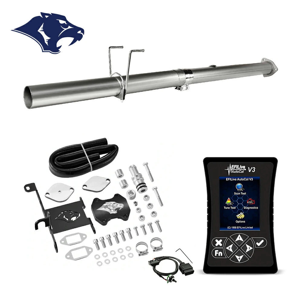 Straight DPF delete pipe with dual O2 bungs and band clamp, billet EGR cap, ram-logo bracket and coiled hose, O2 sensor extension harness, EFI Live AutoCal V3 for 2013-2018 Dodge Ram 2500 3500 6.7L diesel