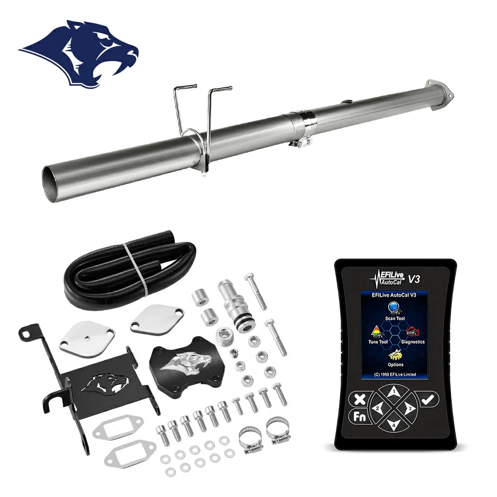 Straight DPF delete pipe with dual O2 bungs and band clamp, billet EGR cap, ram-logo bracket and coiled hose, EFI Live AutoCal V3 for 2013-2018 Dodge Ram 2500 3500 6.7L diesel