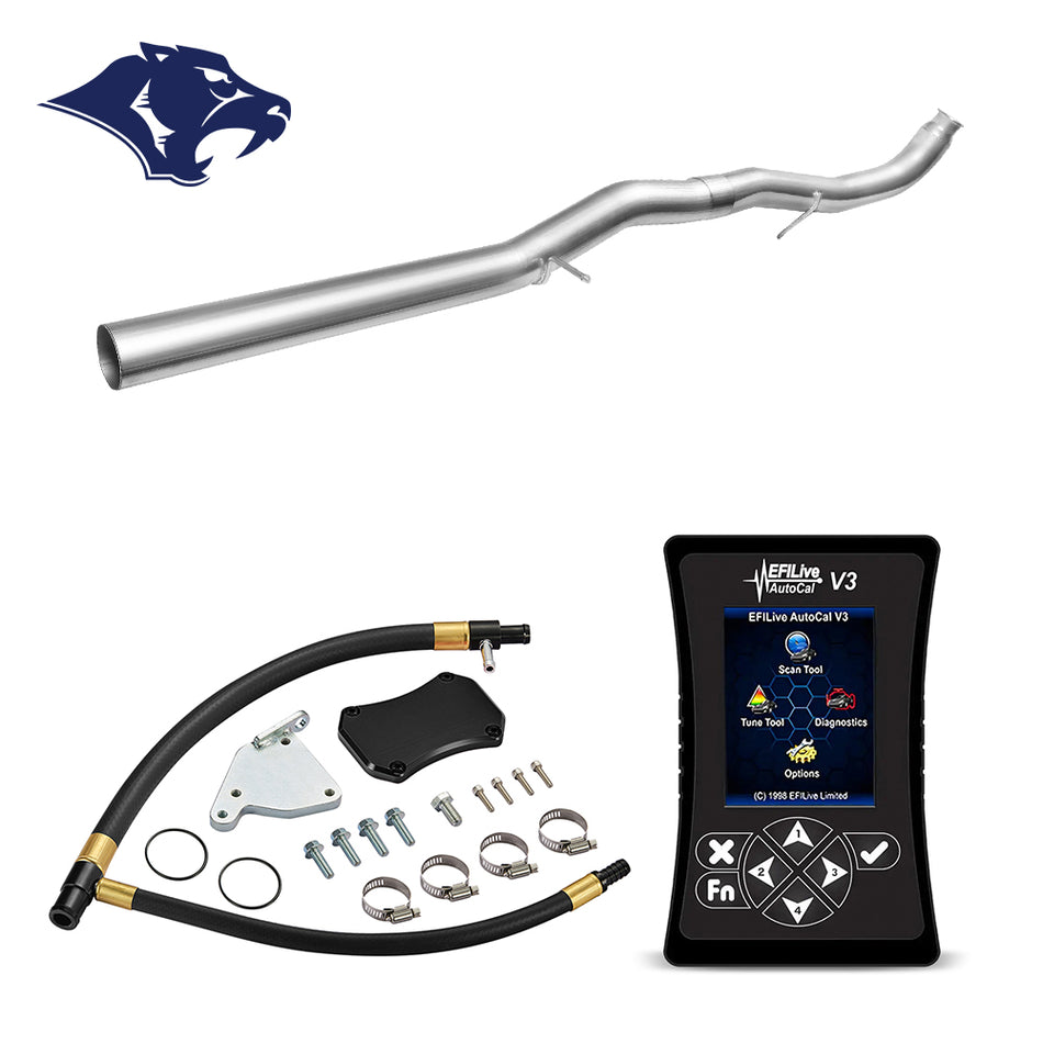 One-piece stainless steel DPF delete pipe with O2 sensor bung, paired with EFI Live AutoCal V3 tuner and EGR delete plate, rubber hose, clamps and bolts for 2011-2015 GM Chevy Duramax 6.6L LML
