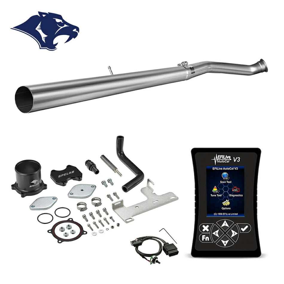 EFI Live AutoCal V3 with OBD-II cable and SPELAB DPF delete kit for 2010-2012 Dodge Ram 2500 3500 6.7L Cummins diesel, straight stainless mid-pipe with clamp and sensor bung, black EGR block-off plate