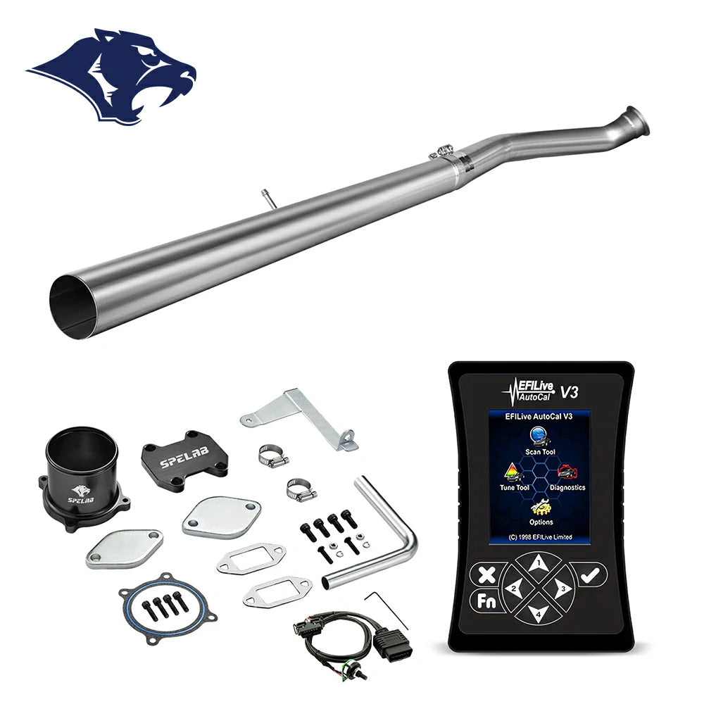Stainless steel DPF delete pipe with spring clamp coupler and exhaust sensor bung, EFILive AutoCal V3 tuner and OBD diagnostic cable for 2007.5-2009 Dodge Ram 2500 3500 6.7L diesel