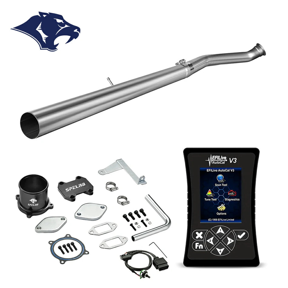 Stainless steel DPF delete pipe with spring clamp coupler and exhaust sensor bung, EFILive AutoCal V3 tuner and OBD diagnostic cable for 2007.5-2009 Dodge Ram 2500 3500 6.7L diesel