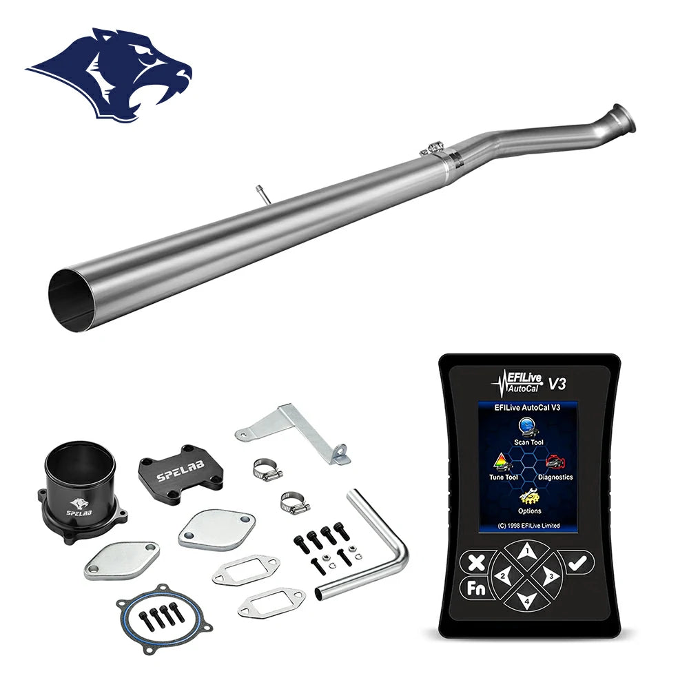 Black anodized EGR spacer and EGR valve block-off plate with stainless gaskets, hose clamps and mounting bolts, EFILive AutoCal V3 handheld for 2007.5-2009 Dodge Ram 2500 3500 6.7L Cummins diesel